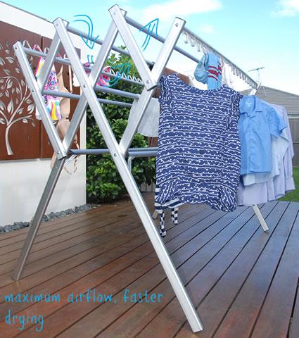 Maximum airflow, faster drying for a portable clothes airer drying rack The drying rails on Hanging Stuff drying rack are spaced further apart than traditional clothes airers to allow for maximum airflow